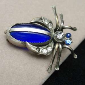 Insect Bug Pin Vintage Sterling Silver Rhinestones and Blue Cab Body 