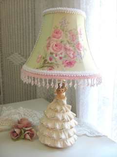 VINTAGE GIRL Bedside LAMP / SHADE w ASHWELL Shabby GREEN PinK Roses 