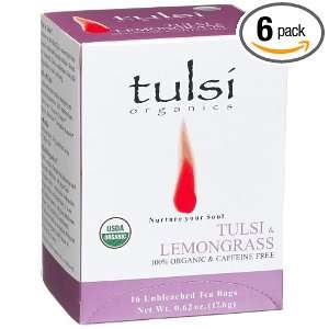 Tulsi Organics Tea, Tulsi & Lemongrass, 16 Count Tea Bags (Pack of 6)