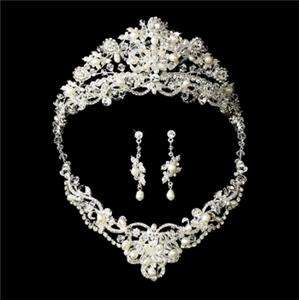 Pearl and Crystal Bridal Necklace Earring & Tiara Set Silver New 