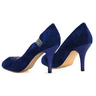 SHOEZY womens 100% leather blue rhinestones peep toe heels pumps shoes 