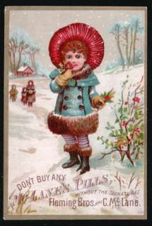 DR C MCLANES LIVER PILLS Victorian Trade Card Young Girl Snow Holly 