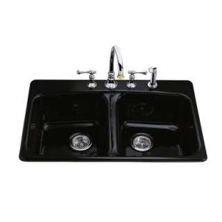   22 in. x 8.625 in. 5 Hole Double Bowl Kitchen Sink in Black Black