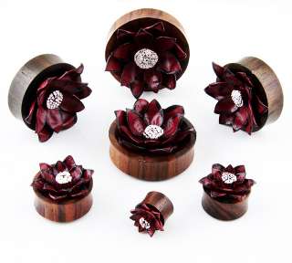 Double Flare Organic Sono Wood Leather Flower ear Plugs Gauges  
