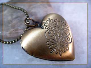 Elegant Flower Heart Vintage Brass Locket Necklace  