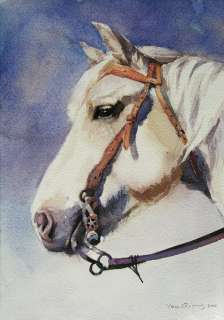 Original watercolor painting. white horse  