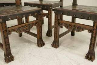   Spanish Carved Walnut Dining Chairs With Original Leather Seats/Backs