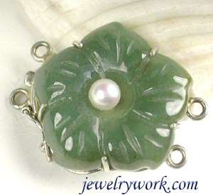 3Rows Carved Flower Natural Jade & 5mm Pearl SS Clasp  