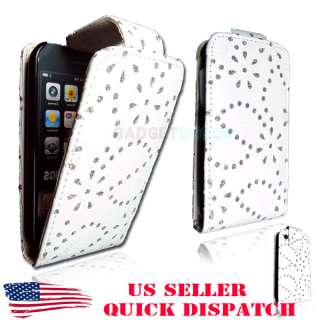 FOR APPLE IPHONE 3 3G 3GS NEW WHITE DIAMOND BLING LEATHER FLIP POUCH 