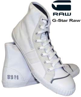 MENS G STAR WHITE SINEW HI TOP CANVAS LACE UP TRAINERS  
