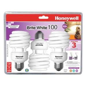 Honeywell 23 Watt Brite White T2 Mini Spiral, 3 pack CFL Light Bulbs 