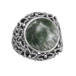  Deep Green Seraphinite Ring Sterling Silver Antiqued Heart 