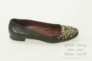 Prada Black Pebbled Nubuck Leather & Gold Grommet Flats Size 37  