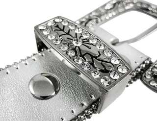   Rhinestone Studded Silver Leather Western Belt Size L Color SILVER