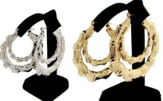 New Large Double Hoop Bamboo Earrings Silver or Gold Overlay (C 7DBE 