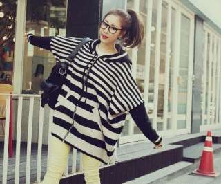 Korean Fashion Black & White Striped Batwing Hoodie Zipper Sweater 