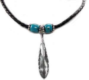   Silver Feather & Turquoise on Braided Leather Necklace w/3 Extender