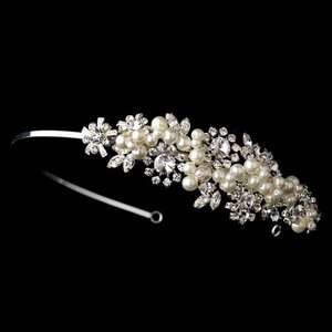   Rhinestone and Pearl Floral Side Accent Bridal Wedding Headband  