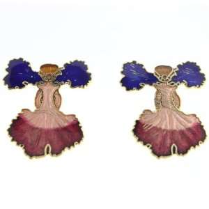  Gold Plated Blue and Pink Orchid Clisonne Earrings   27mm 