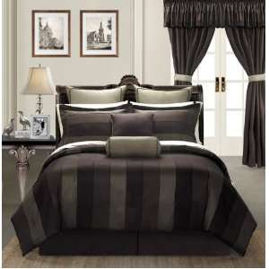 24 Pieces Brown Chenille Stripe Comforter, Sheet, Window Curtain Set 