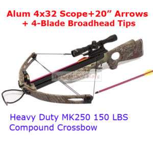   150LB Camo Compound Crossbow 4x32 Scope 8x Arrows + Broadheads  