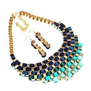    STUNNING Goldtone Box Chain BLUE Fiber Chunky Necklace Set Jewelry