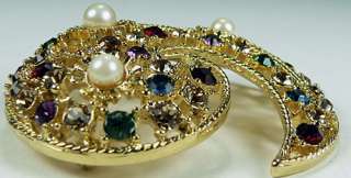   Vintage Jeweled Color Rhinestone Paisley Pin, Designer Signed  
