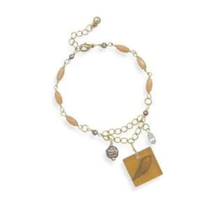 Gold Tone with Coral Bead Fashion Charm Bracelet Girls Rose Friendship 