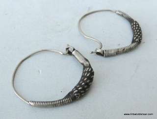 ANTIQUE ETHNIC TRIBAL OLD SILVER HOOP EARRING PAIR IND  