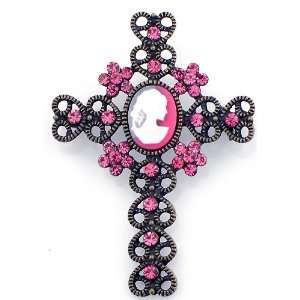   Austrian Crystal Rose Pink Cross Cameo Pin Brooch & Pendant: Jewelry