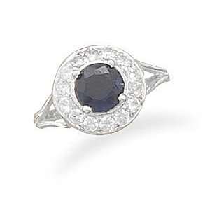  Faceted Rough Cut Sapphire Silver Ring With Cz Edge. Sizes 