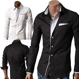   Mens Casual Patched Design Dress shirt BLACK/WHITE (DS41)  