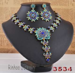 Blue Sun Flower Rhinestone Golden Bridal Evening Necklace Earrings Set 