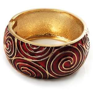   Swirl Pattern Red Enamel Hinged Bangle Bracelet (Gold Tone) Jewelry