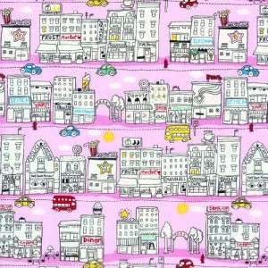 yd Patchwork Fabric Timeless Treasures City Scene on PInk fq 