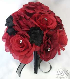 17 pieces Wedding Bridal Round Bouquet Flower RED BLACK  