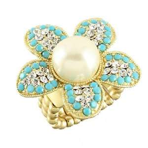  Matte Gold Plated Fashion Stretch Ring with Blue Flower 