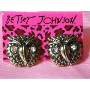 BETSEY JOHNSON Crystal Eyed Bronze tone Owl Face Earrings