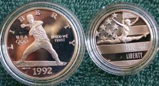 1992 Olympic 2 Coin Set Proof Silver Baseball Dollar & Gymnast Half w 