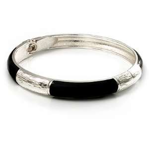   Classic Black Enamel Hinged Bangle Bracelet (Silver Tone) Jewelry