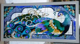 peacock 40x20 art glass window panel majestic peacock surrounded by 