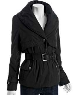 Andrew Marc black poly belted shawl collar coat   