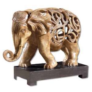   Elephant Sculpture Detailed Carving Muted Ivory Tones & Matte Black