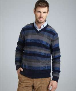 Hickey Freeman navy striped wool v neck sweater