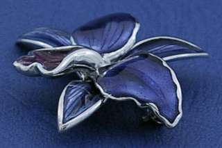 orchid brooch Sterling silver hallmarked blue & mauve enamel f108 