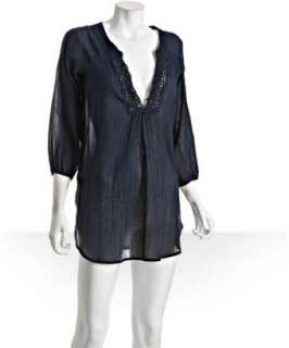 Shoshanna navy blue cotton lace trim coverup tunic   