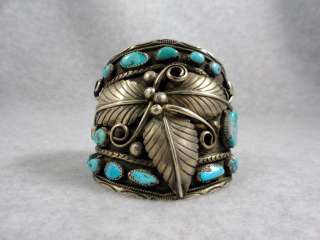 HUGE vintage Navajo sterling silver bracelet turquoise design Old Pawn