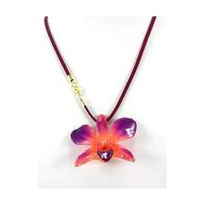    REAL FLOWER Purple Orange Orchid Leather Cord 18in Jewelry