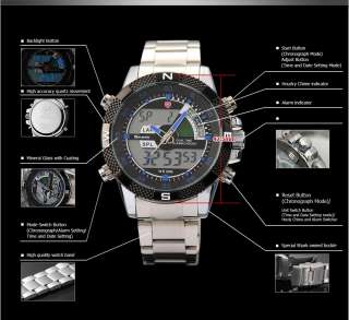 New SHARK Military Dual Time Digital Date Day Alarm Chronograph Steel 