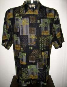   Mens S/S CAMP Shirt Sz L 100% SILK Palms Blacks RELAX Tropical  